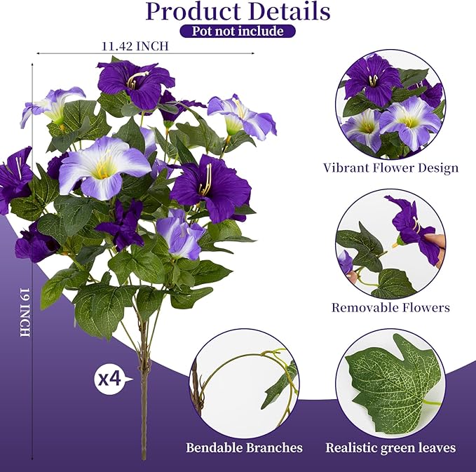 19 Inch Artificial Fake Flowers for Outdoor,4 Pcs Purple Faux Silk Petunias Spring Flowers for Outside for Indoor Porch Planter Front Door Garden Patio Window Box Home Decor