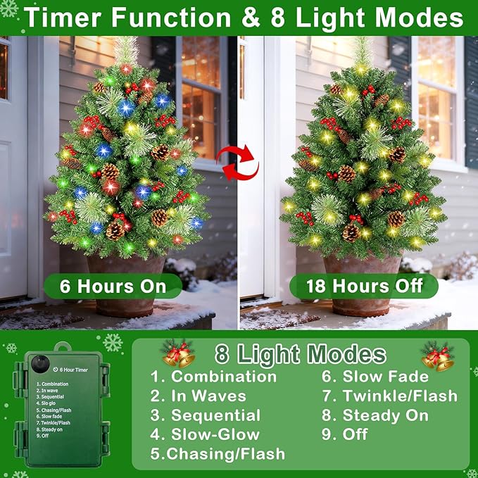 [2 Pack & Timer] 33 Inch Christmas Tree Urn Fillers with 50 Warm & Colorful Change Lights Pinecones Red Berries Tripod Stake Battery Operated 8 Mode for Porch Outdoor Xmas Trees Christmas Decorations