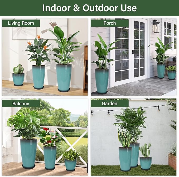 24/21/12 Inch Large Plastic Planter, Lightweight Ceramic-Look Tall Planters with Drain Hole & Saucers, Tall Plastic Planters for Porch, Garden, Patio, Balcony(Sky Blue)