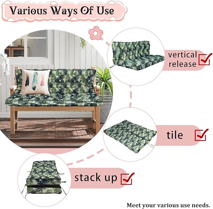 2-3 Seat Swing Replacement Cushion, Outdoor Bench Cushions with Backrest Thicken 4", Patio Furniture Garden Porch Loveseat Glider Pad Anti-Fading Waterproof (Palm Leaves, 40x63in-thicken)