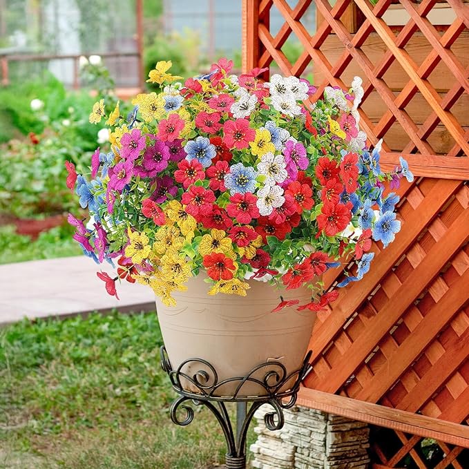 Artificial Spring Flowers Outdoor Faux Plants UV Resistant Fake Patio Flowers Plastic Greenery Plnats Outside Bulk for Spring Garden Hanging Planter Home Vase Decor, 24 Bundles (Multicolor)