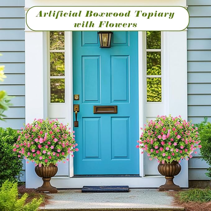 Yunlly 6 Pcs Outdoor Artificial Topiary Ball Trees 22" with Colorful Flowers, Boxwood Fake Bushes Shrubs with Spike, UV Resistant Evergreen Plants for Front Porch Garden Decor (Light Pink)