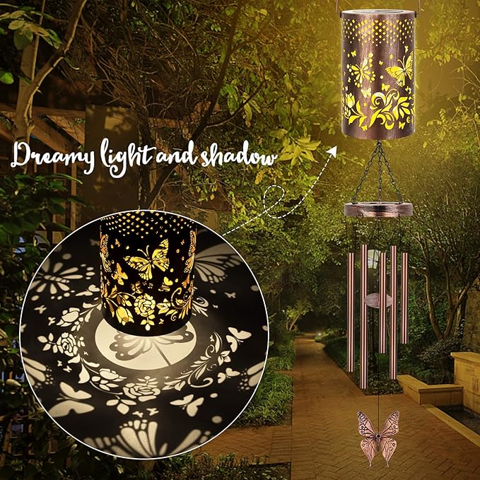 Solar Wind Chimes for Outside for Women Mom, Hanging Solar Lantern Memorial Wind Chimes, Butterfly Gifts Windchimes for Outdoors Christmas Garden Decor
