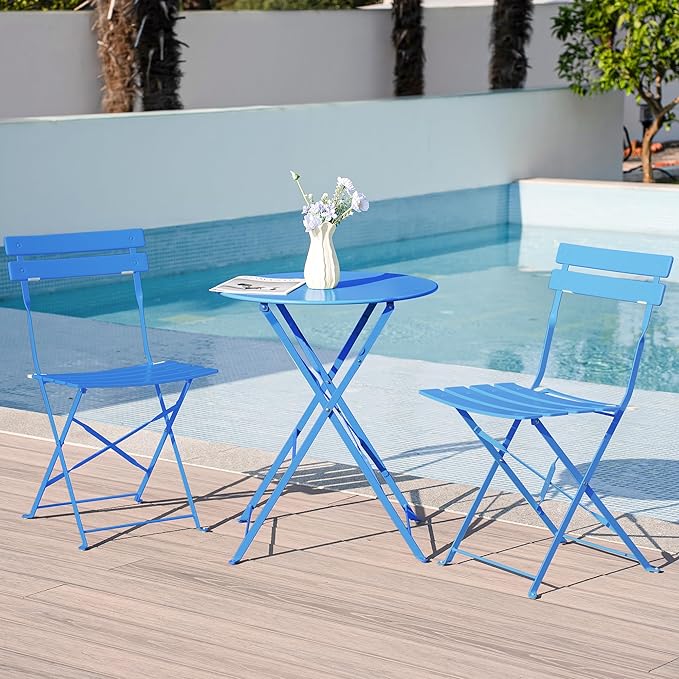 3 Piece Bistro Set, Folding Patio Furniture Set, Outdoor Table and Chairs Set for Patio, Garden, Balcony and Poolside, Blue