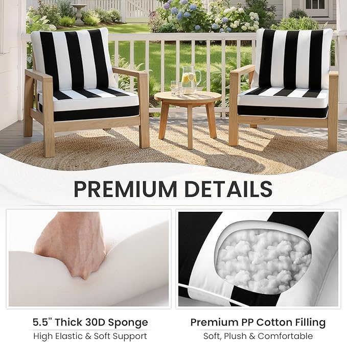Crestlive 5.5" Outdoor Cushion for Patio Furniture Set of 2, 24 x 24, Waterproof and Fade-Resistant Deep Seat Cushions for Chair, Wicker Sofa and Couch, Black White Striped