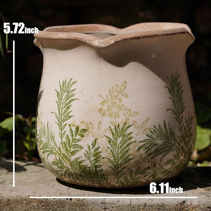 Rustic Ceramic Planter, 6 Inch Tuscan Vintage Flower Pot with Drainage, Farmhouse Garden Pot for Indoor Plants, Kitchen & Garden Tuscan Decor, Plant Lover Gift (Grass Green)