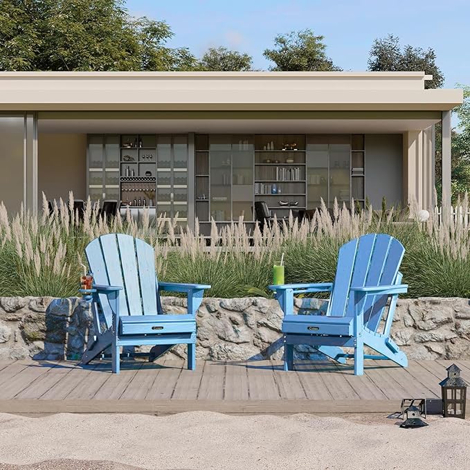 Ciokea Folding Adirondack Chair Wood Texture, Patio Adirondack Chair Weather Resistant, Plastic Fire Pit Chair with Cup Holder, Lawn Chair for Outdoor Porch Garden Backyard Deck, Baby Blue