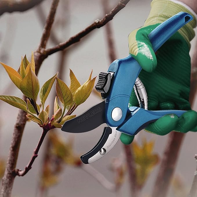 Nevlers 8" Blue Anvil Pruning Shears Heavy Duty | Hand Pruners for Gardening w/Steel Blades, Safety Lock & Ergonomic Handles | 8mm Cut Cap Plant Shears & Branch Cutter for Dead Stems & Small Branches