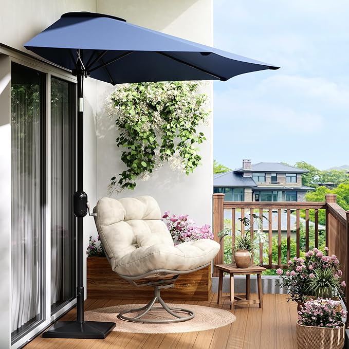 Garvee Patio Umbrella 9FT - Half Umbrella Outdoor with Smooth Crank Lift, Outdoor Shade Canopy for Patio, Backyard, Garden, Deck, Balcony -Navy Blue