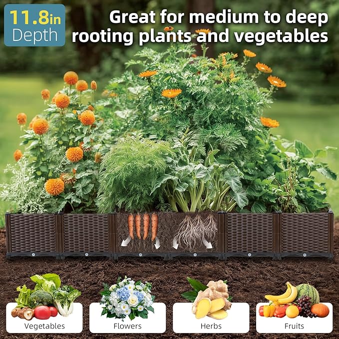 Large Rattan Planter Outdoor-Elevated Garden Box with Drain Outlet 95"L x 16"W x 15"H, Self Watering Raised Garden Beds Deep Elevated Planter Box for Vegetables, Flowers, Herbs Standing Gardening Kit
