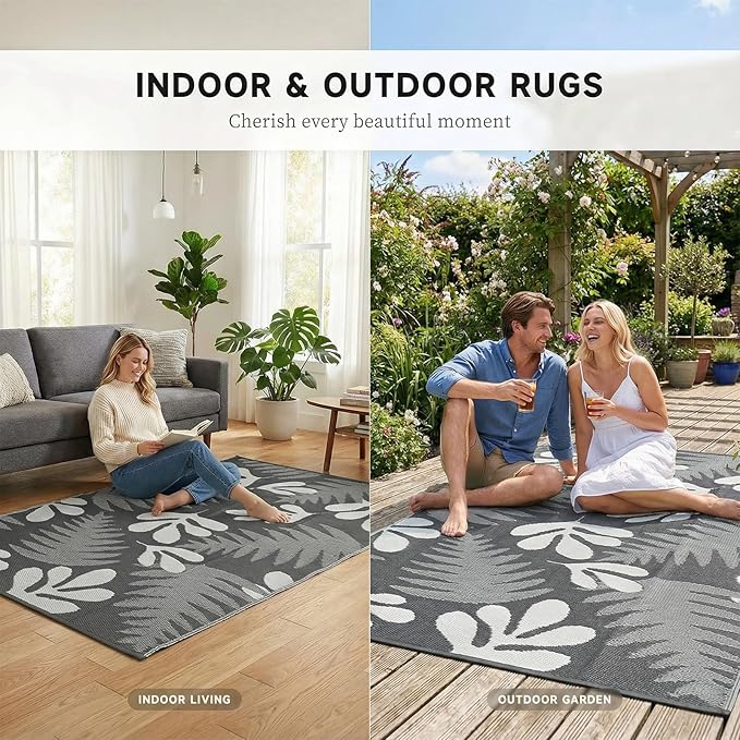 wikiwiki 9x12ft Outdoor Rug, Reversible Plastic Patio Rug Waterproof, Indoor Outdoor Carpet Clearance, Large Area Carpet for Patio Deck Balcony Pool RV Camping Beach Picnic, Grey Small Leaves