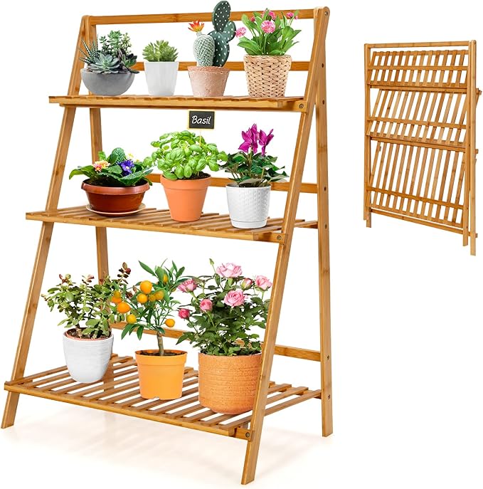 Giantex 3 Tier Folding Storage Shelf, Bamboo Ladder Plant Stand, Multiple Flower Pot Holder Succulent Display Rack, Foldable Shelving Unit for Balcony Garden Living Room Indoor Outdoor