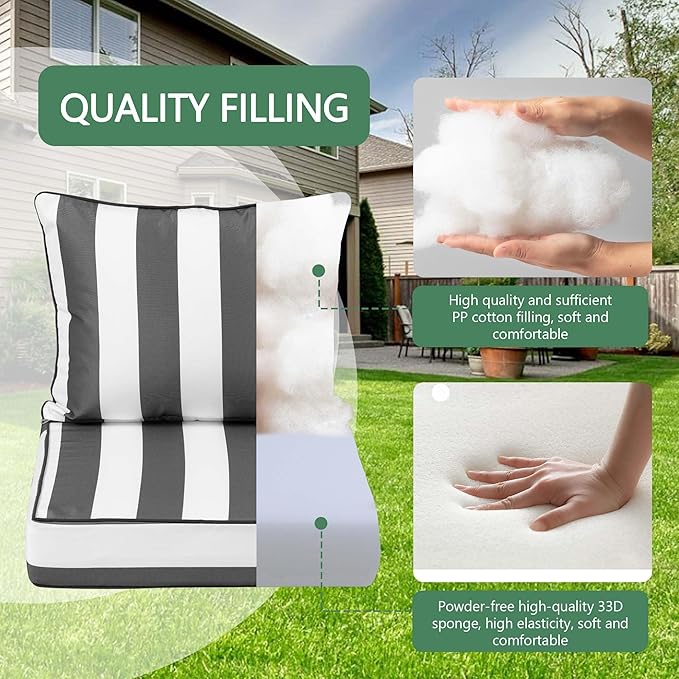 Outdoor Chair Cushions 4 Set,24 x 24 x 5IN, Patio Deep Seat Cushion for Patio Furniture, Waterproof & Fade Resistant Thick Deep Seating Pads for Outside Wicker Ratten Chair,Gray Black Striped