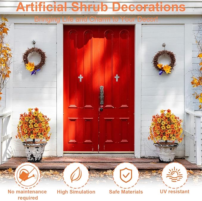 Outdoor Fall Artificial Flowers - 2 Pack Topiary Flower Balls with Ground Stakes, UV Resistant Orange and Yellow Fake Flower Bushes for Porch, Garden and Thanksgiving Decoration