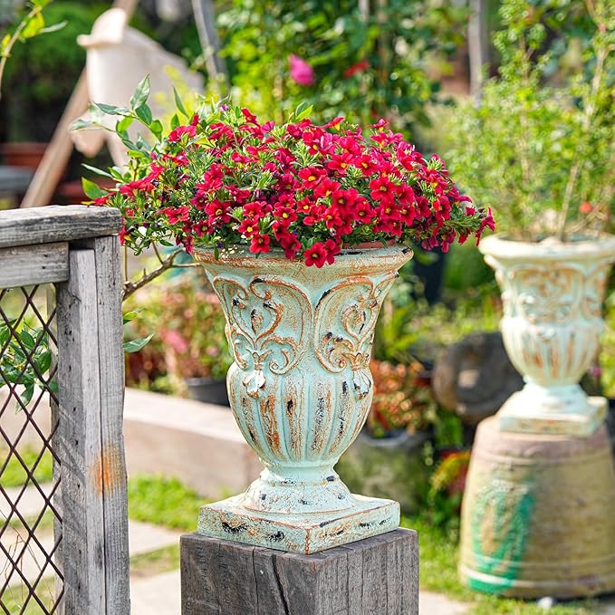 Sungmor Vintage Resin Trophy Planter, 13 Inch Embossed Design Garden Urn with Drainage Hole, Decorative Plant Pot Indoor Outdoor Plant Container, Shabby Chic Flower Vase Home Decor