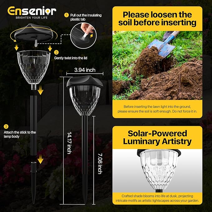 Ensenior 16-Pack Solar Lights Outdoor, 14.17" Auto ON/Off 3000K LED Solar Garden Lights for Pathway, Yard, Patio, Walkway, Planter, Waterproof, Energy-Efficient Landscape Lighting