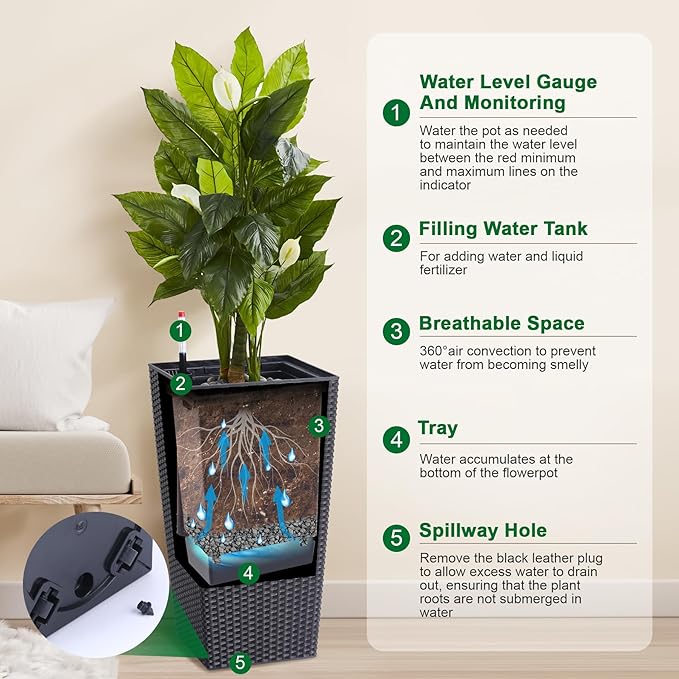 22.5 Inch Tall Planter Set of 2 Large Rattan Flower Pot with 2 Trays & a Water Level Monitor & Wheels Outdoor and Indoor for Patio, Porch, Living Room, or Home Office, Black