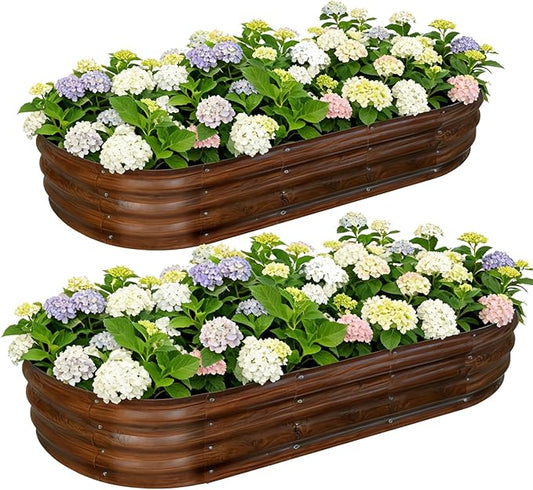 Galvanized Raised Garden Bed Outdoor, Large Raised Bed for Gardening, 2Pcs 6x3x1ft Oval Metal Planter Box for Vegetables, Fruits, Flowers, Dark Brown Wood Grain