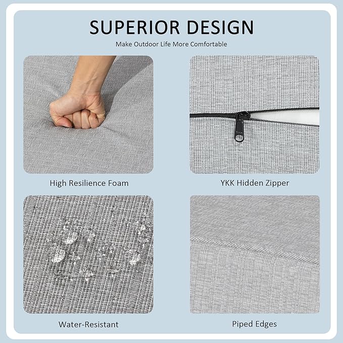 24x24 Inch Outdoor Deep Seat Cushions Set of 2,Thick High-Density Foam, Water-Resistant, Piped Edges & YKK Hidden Zipper for Patio Furniture,Stone Gray