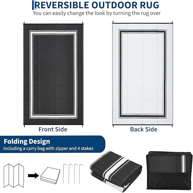 Outdoor Rug 9x18 Waterproof Reversible Mat All Weather Outdoor Plastic Straw Rus Carpet UV Resistant Modern Bordered RV Mat Carpet for Patio Deck Balcony Pool Picnic Black/White