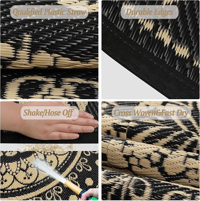 Cekene Round Outdoor Patio Rugs 10Ft Waterproof Reversible Outdoor Rugs with Carry Bags Lightweight Plastic Straw Rugs Portable RV Camping Mat Blue Floor Carpet for Deck Porch Picnic BBQ