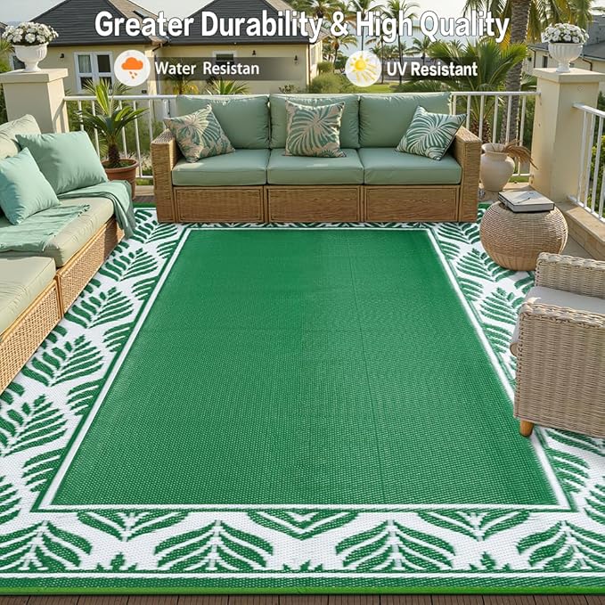HUGEAR 8x10 Patio Waterproof Outdoor Rug Outrside Camping Carpet RV Area Rug Reversible Green Rugs for Deck Entryance Porch Picnic Balcony Beach