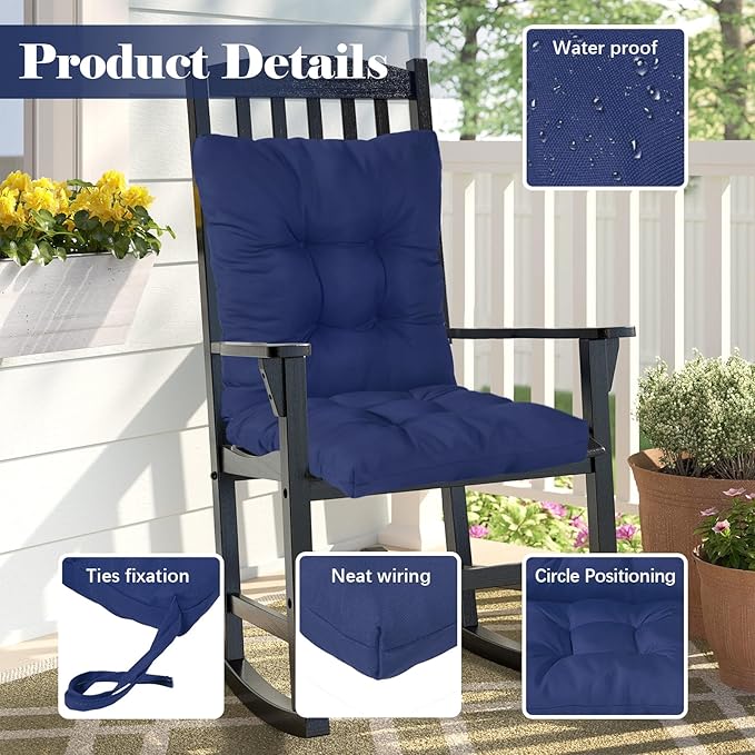 Outdoor Chair Cushion Waterproof High Back Rocking Chair Cushions for Outdoor Furniture Garden No-Slip Thicken Navy Blue Wicker Patio Chair Replacement Pad, 41.7"*20.8"