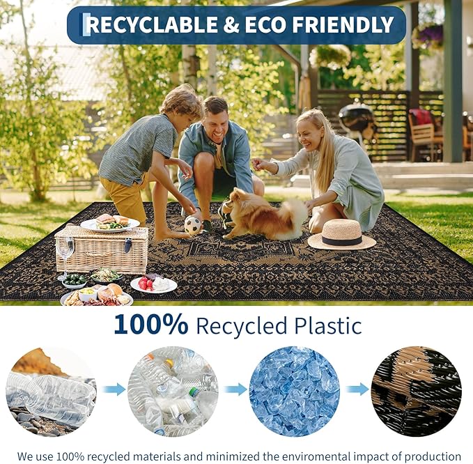 COZYLOOM Outdoor Plastic Straw Rug 9x18 Waterproof Reversible Plastic Straw Mat, Large Patio Rugs Vintage Medallion Area Rug for Deck, Balcony, Camping, Beach, Picnic, Indoor/Outdoor Use