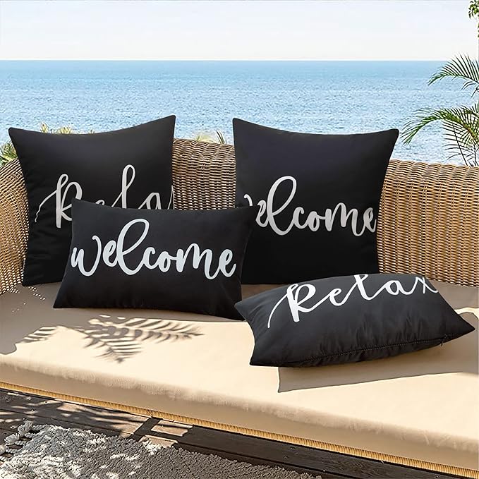 Merrycolor Pack of 2 Black and White Outdoor Waterproof Pillow Covers Relax Decorative Throw Pillow Covers Outdoor Pillows Covers for Patio Furniture Tent Balcony Couch Sofa （Relax 20x20 Inch