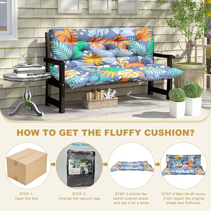 60" Porch Swing Cushion with Backrest, Waterproof Outdoor Bench Swing Cushions 3 Seater Replacement Thickened Swing Cushions with Ties for Patio Garden Backyard,Flower,60x40in