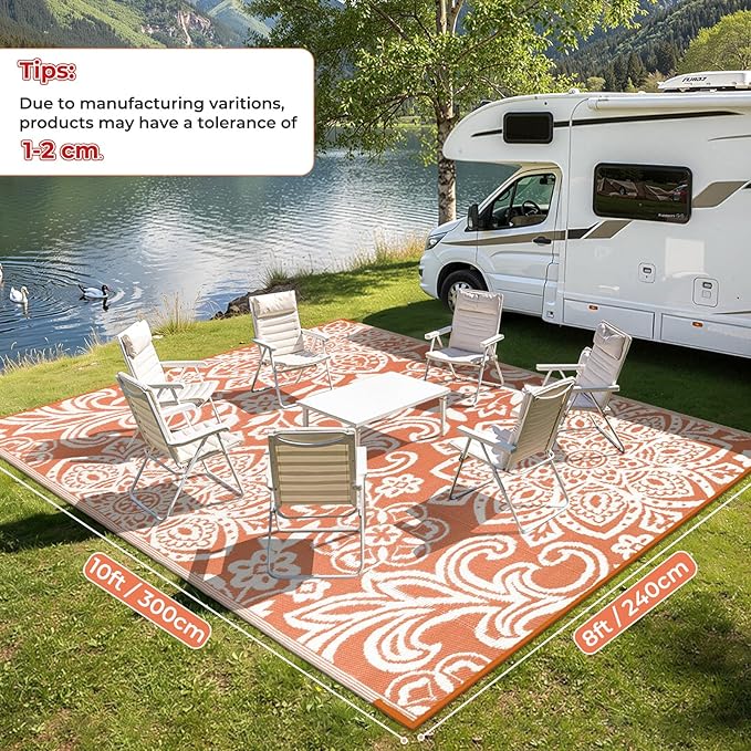Findosom Waterproof Outdoor Rug 8' x 10' - Reversible Mandala Outdoor Plastic Straw Rug, Durable Foldable Patio Rug for RV, Deck, Balcony, Backyard, Picnic, Porch, Camping, Beach, Orange