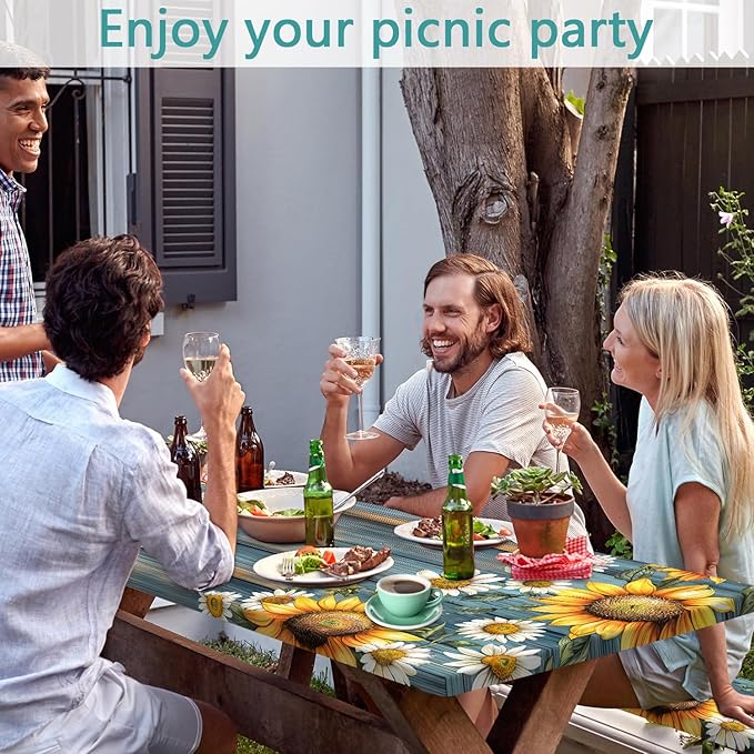Picnic Table Cover with Bench Covers Camping Essentials Waterproof Windproof Camping Tablecloth with Drawstring Bag, Fitted Rectangle Tables and Seats, 60in, Teal Wooden Sunflower
