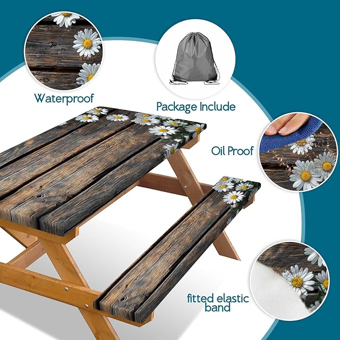 Picnic Table Cover with Bench Cover, Outdoor Patio Camping Essentials Farmhouse Daisy Table Covers with Elastic Waterproof Camping Tablecloth with Drawstring Bag, 96In 3PCS