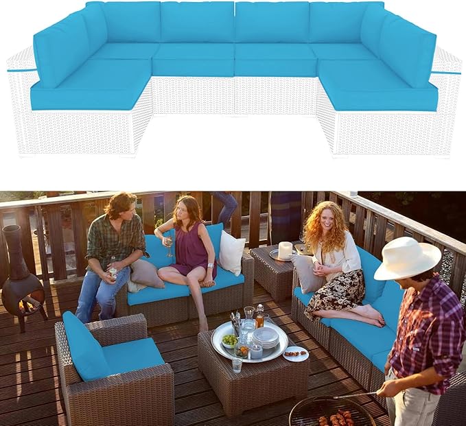 Outdoor Sectional Cushions Replacement Set, 26x26in Patio Furniture Cushions, 14 Pieces Waterproof Outdoor Couch Cushion for 6 Seat Wicker Conversation (Sky Blue)