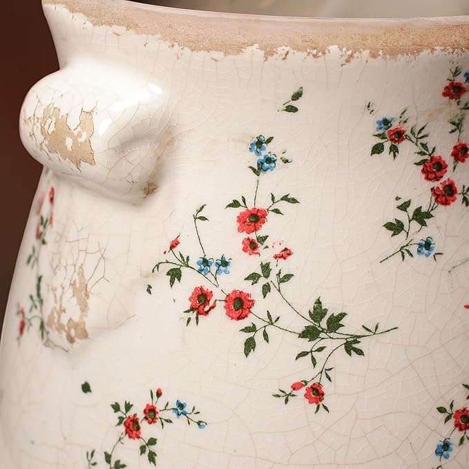 Ceramic Vases for Centerpieces, Shabby Chic Vase & Flower Pot with Drainage, Country Chic Decor for Office Room Garden Balcony Mantel Fireplace Table & Shelf, Red Floral