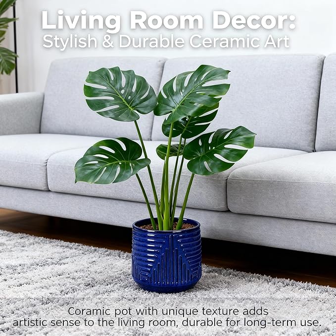 16 Inch Large Ceramic Planters for Indoor Plants, Outdoor Garden Plant Pots with Drainage Hole, 16" Round Decorative Pot for Patio, Floor, Home Decor - Dark Blue