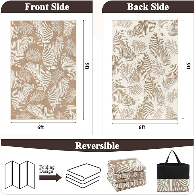 Pauwer Waterproof Outdoor Rug 6x9, Reversible Plastic Straw Patio Camping Rug, Indoor Outdoor RV Mat Carpet for Deck, Camper, Porch, Balcony, Backyard, Picnic, Leaf Brown