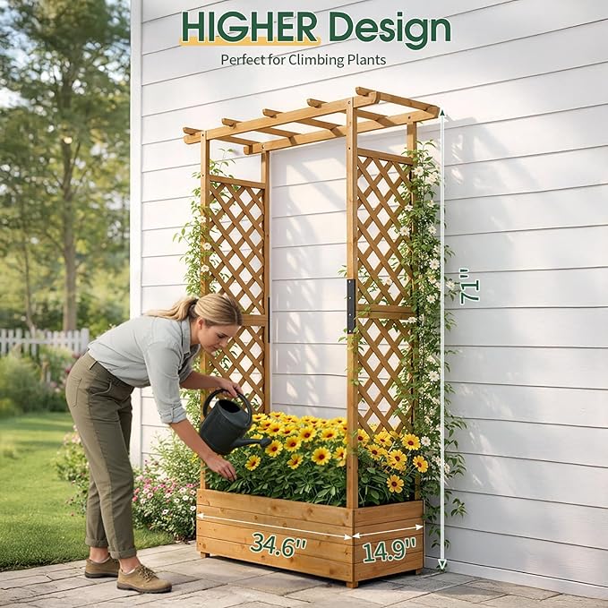 Outvita 72" Raised Garden Bed with Trellis, Wood Planter Box with Hanging Roof, Side Trellis and Drainage Holes, Above Ground Elevated Garden Bed for Outdoor Climbing Plants Vegetables(Teak Color)