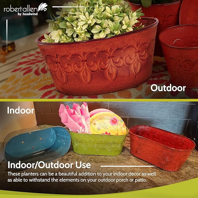Headwind Ironlite Fleur De Lis Collection – 8" Cayenne Red Bowl Decorative Planter with Drain Plug – Lightweight Metal Garden Pots for Indoor & Outdoor Planters Use by Robert Allen