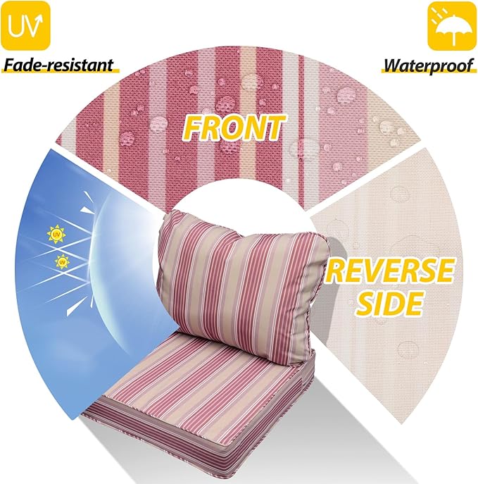 AAAAAcessories Outdoor Seat Cushions for Chairs, Fade-Resistant, Waterproof Patio Furniture Replacement Cushions, 19" x 19" x 3" + 19" x 17", Dusty Rose Garden Stripe