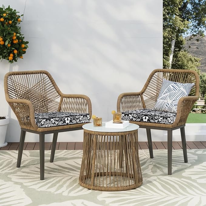 Favoyard Outdoor Chair Cushion 22 x 22 x 3 In Waterproof Pattern Fade Resistant Cushions for Patio Furniture with Removable Cover Attach Straps 28D Foam Insert Cushions Pads for Seat Sofa Couch 2 Pack