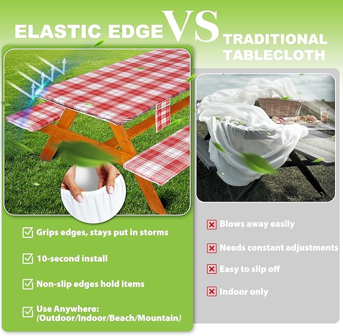 Fitted Picnic Table Cover with Bench Covers Waterproof Elastic Edges Rectangle Patio Tablecloth Outdoor Camping Essentials Stuff Rv Accessories Summer Trip Travel Camper Gifts for Woman Men, 96in 8 ft