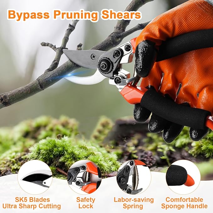 6Pcs Pruning Shears Set with Bypass Pruning Shears, Garden Scissors, Pruning Snips,Saw,Gloves,Storage Bag,Handheld Garden Shears Set for Plant