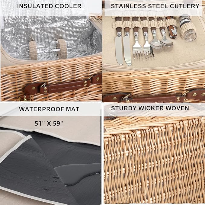 Multifunctional Wicker Picnic Basket Set for 2 with Blanket and Picnic Table, Insulated Picnic Set with Full Tablewares for Camping Outdoor Couples,Natural