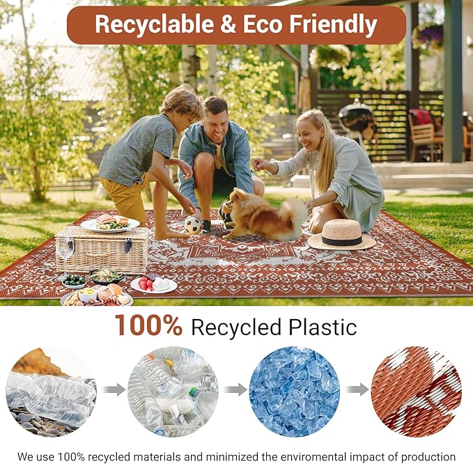 COZYLOOM Outdoor Patio Rug 8x10 Waterproof Reversible Plastic Straw Mat, Large Vintage Medallion Boho Area Rug Indoor Outdoor Rugs for Deck, Balcony, Pool, Camping, Beach, Picnic, Porch, RV