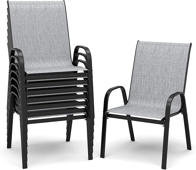 PIZZELLO Patio Chairs Set of 8 - Outdoor Stackable Dining Chairs for All Weather - Breathable Textilene Outdoor Chair Sets with Curved Armrests - 300Lbs Capacity - for Lawn Backyard Garden (Grey)