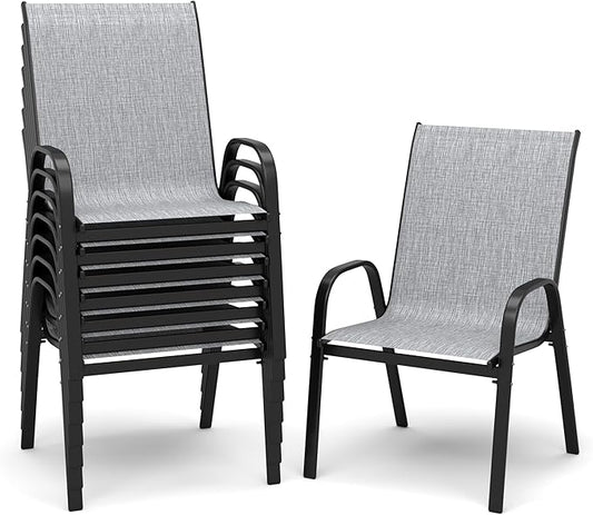 PIZZELLO Patio Chairs Set of 8 - Outdoor Stackable Dining Chairs for All Weather - Breathable Textilene Outdoor Chair Sets with Curved Armrests - 300Lbs Capacity - for Lawn Backyard Garden (Grey)