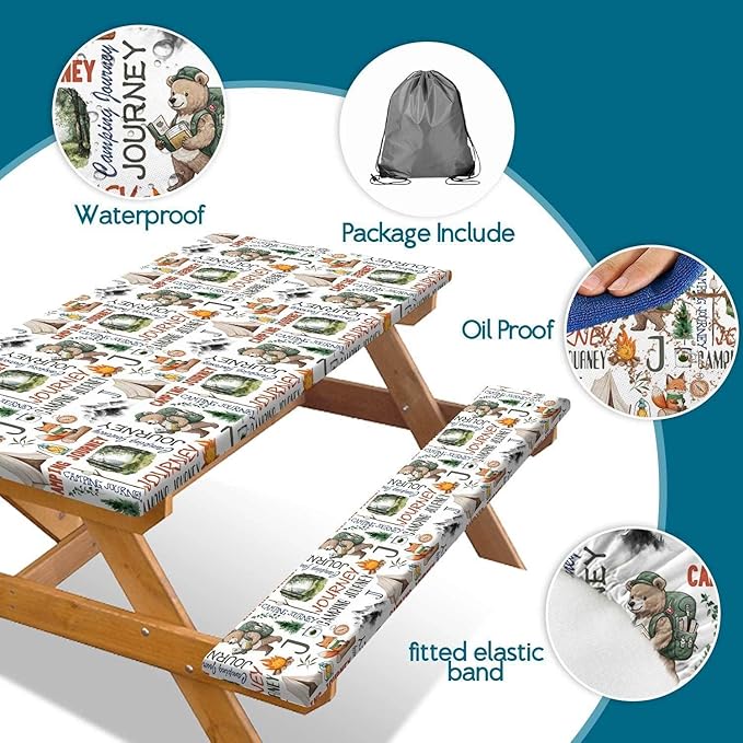 3PCS Picnic Table Cover with Bench Cover Adventure Bear Fox Forest Pattern Happy Camping Tablecloth Fitted Picnic Picnic Table Cover with Elastic Windproof Waterproof, Outdoor Camping Accessories 96IN