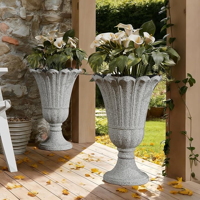 Tall Plastic Urn Planters for Outdoor Plants Set of 2-23.6" H Classic Petal Design Indoor Large Flower Pots with Drainage Holes, Outdoor Planters for Porch Decor/Garden Vase, Grey