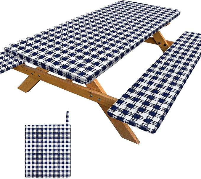 Picnic Table Cover with Bench Covers Portable Table Cloth Built-in Storage Pocket Picnic Table Covers With Elastic Waterproof Camping Essentials for RV Camping